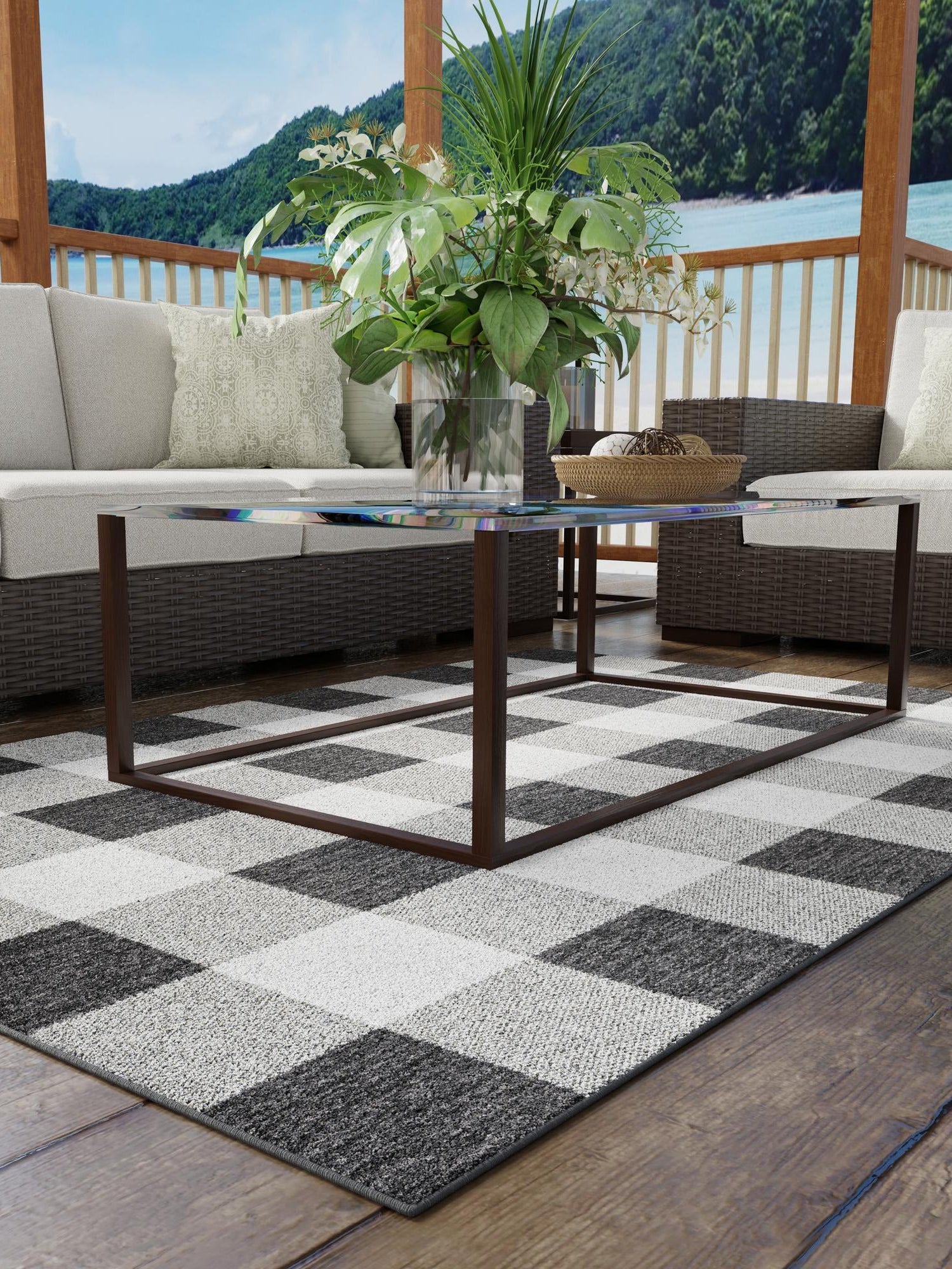 Black and White 5' 3 x 8' Outdoor Checkered Rectangle Area Rug Weather Resistant for Patio, Deck, Terrace, Balcony, Porch 100% Polypropylene Geometric Carpet for Sale at Rug Engine