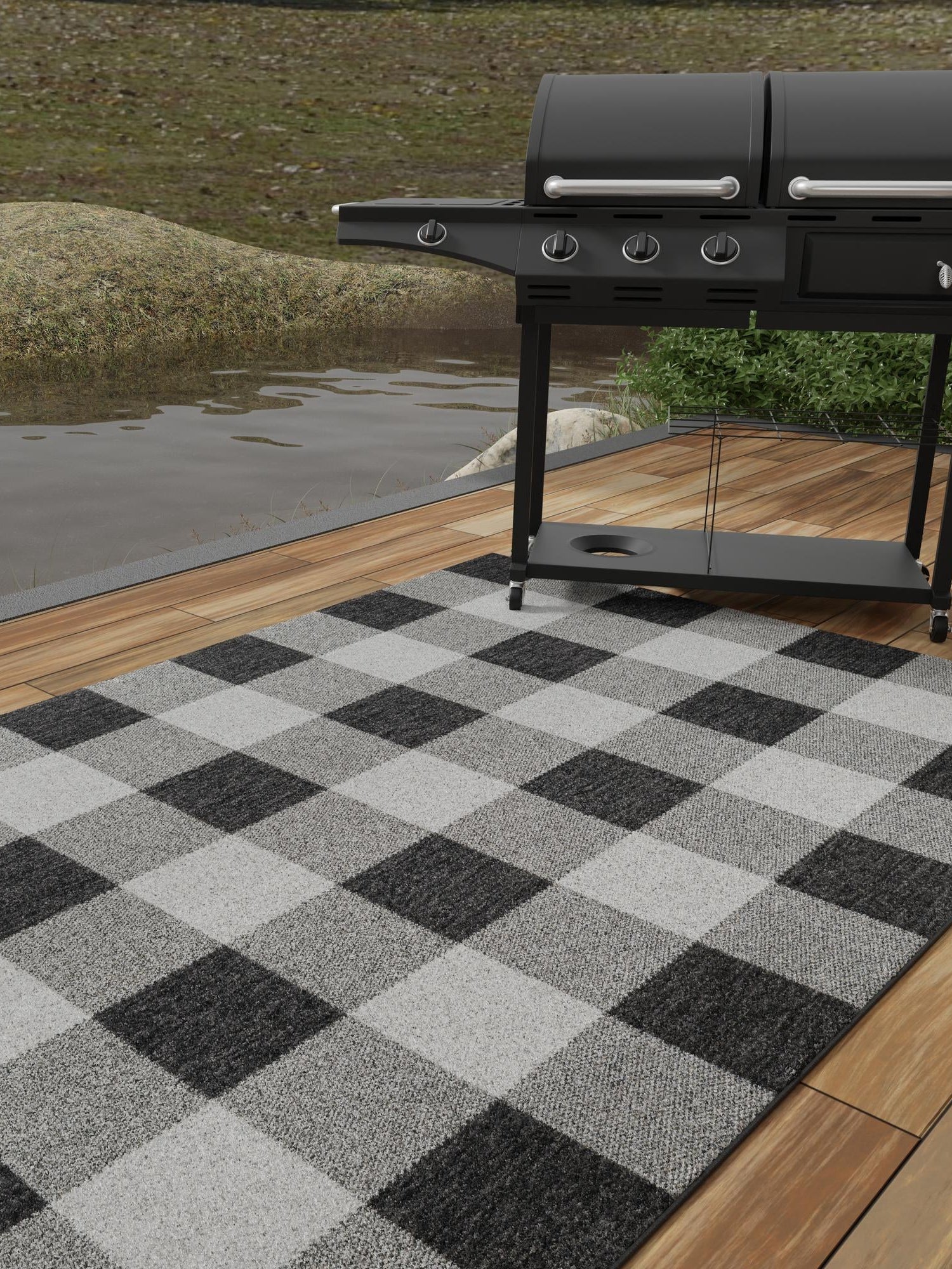 Black and White 5' 3 x 8' Outdoor Checkered Rectangle Area Rug Weather Resistant for Patio, Deck, Terrace, Balcony, Porch 100% Polypropylene Geometric Carpet for Sale at Rug Engine