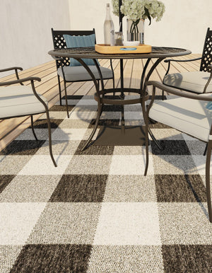 Black and White 6' 1 x 9' Outdoor Checkered Rectangle Area Rug Weather Resistant for Patio, Deck, Terrace, Balcony, Porch 100% Polypropylene Geometric Carpet for Sale at Rug Engine