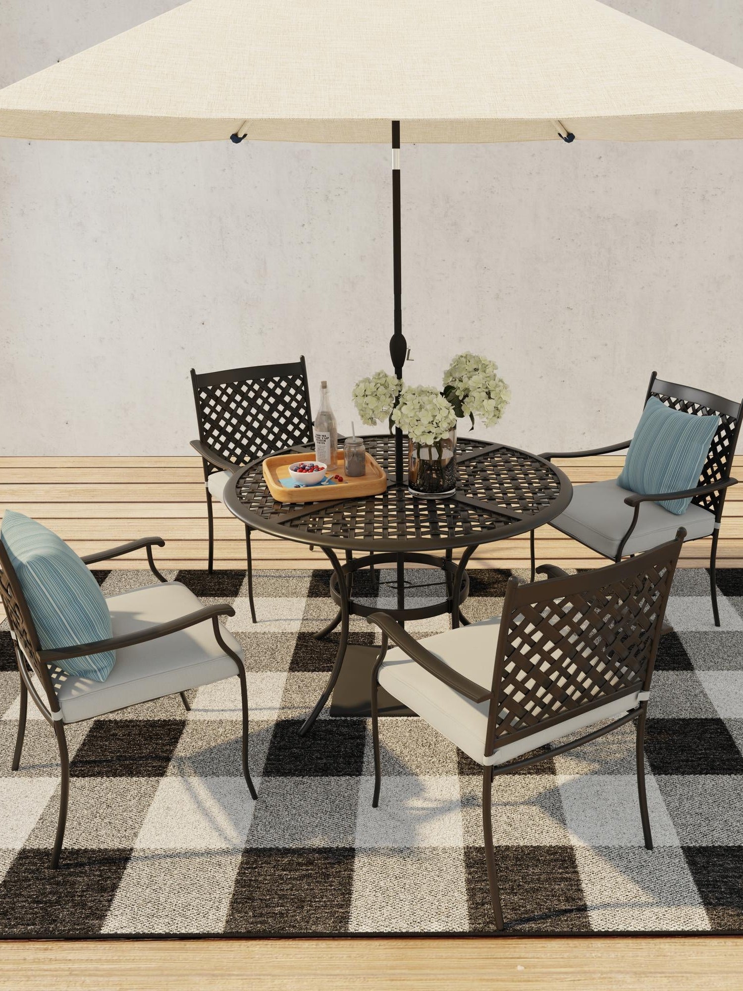 Black and White 5' 3 x 8' Outdoor Checkered Rectangle Area Rug Weather Resistant for Patio, Deck, Terrace, Balcony, Porch 100% Polypropylene Geometric Carpet for Sale at Rug Engine