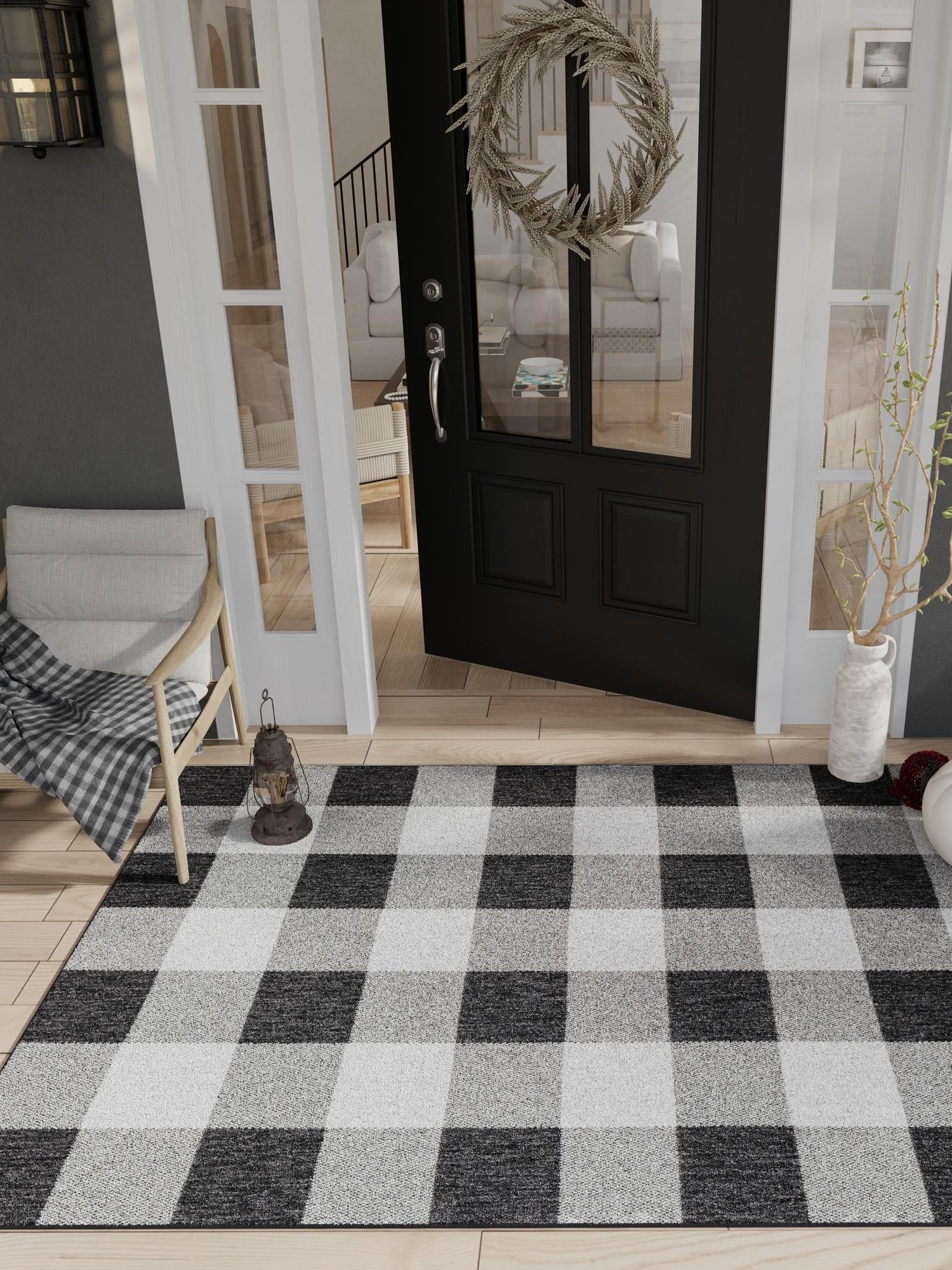 Black and White 5' 3 x 8' Outdoor Checkered Rectangle Area Rug Weather Resistant for Patio, Deck, Terrace, Balcony, Porch 100% Polypropylene Geometric Carpet for Sale at Rug Engine