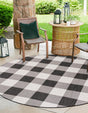Black and White 7' 10 x 7' 10 Outdoor Checkered Round Area Rug Weather Resistant for Patio, Deck, Terrace, Balcony, Porch 100% Polypropylene Geometric Carpet for Sale at Rug Engine