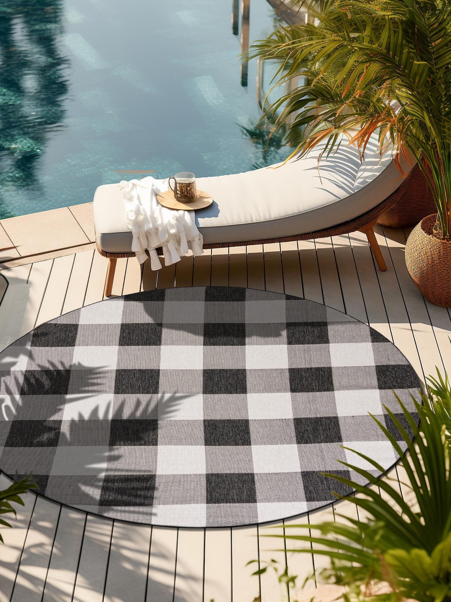 Black and White 3' 1 x 3' 1 Outdoor Checkered Round Area Rug Weather Resistant for Patio, Deck, Terrace, Balcony, Porch 100% Polypropylene Geometric Carpet for Sale at Rug Engine