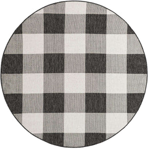 Black and White 6' 1 x 6' 1 Outdoor Checkered Round Area Rug Weather Resistant for Patio, Deck, Terrace, Balcony, Porch 100% Polypropylene Geometric Carpet for Sale at Rug Engine