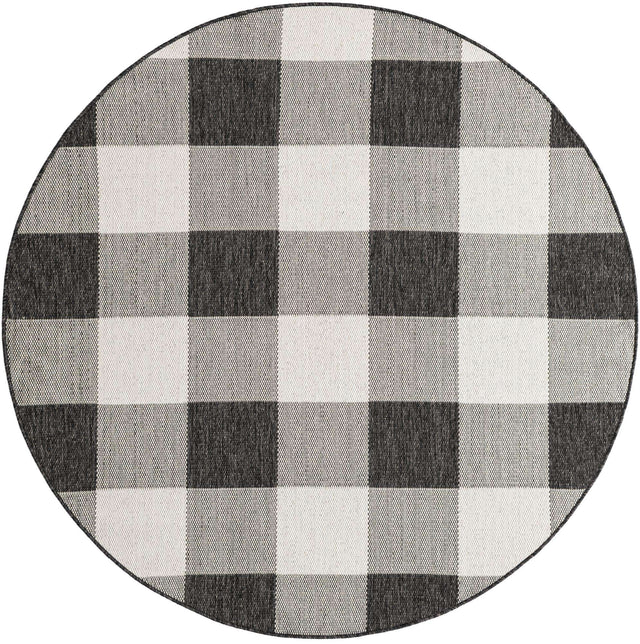 Black and White 6' 1 x 6' 1 Outdoor Checkered Round Area Rug Weather Resistant for Patio, Deck, Terrace, Balcony, Porch 100% Polypropylene Geometric Carpet for Sale at Rug Engine