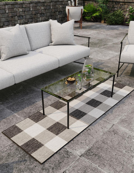 Black and White 2' x 8' Outdoor Checkered Runner Area Rug Weather Resistant for Patio, Deck, Terrace, Balcony, Porch 100% Polypropylene Geometric Carpet for Sale at Rug Engine
