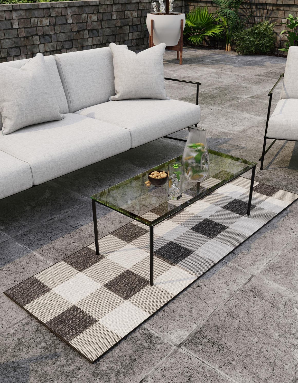 Black and White 2' 7 x 12' Outdoor Checkered Runner Area Rug Weather Resistant for Patio, Deck, Terrace, Balcony, Porch 100% Polypropylene Geometric Carpet for Sale at Rug Engine