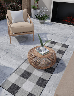 Black and White 2' 7 x 12' Outdoor Checkered Runner Area Rug Weather Resistant for Patio, Deck, Terrace, Balcony, Porch 100% Polypropylene Geometric Carpet for Sale at Rug Engine