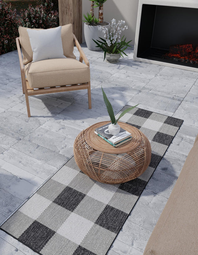 Black and White 2' 7 x 12' Outdoor Checkered Runner Area Rug Weather Resistant for Patio, Deck, Terrace, Balcony, Porch 100% Polypropylene Geometric Carpet for Sale at Rug Engine
