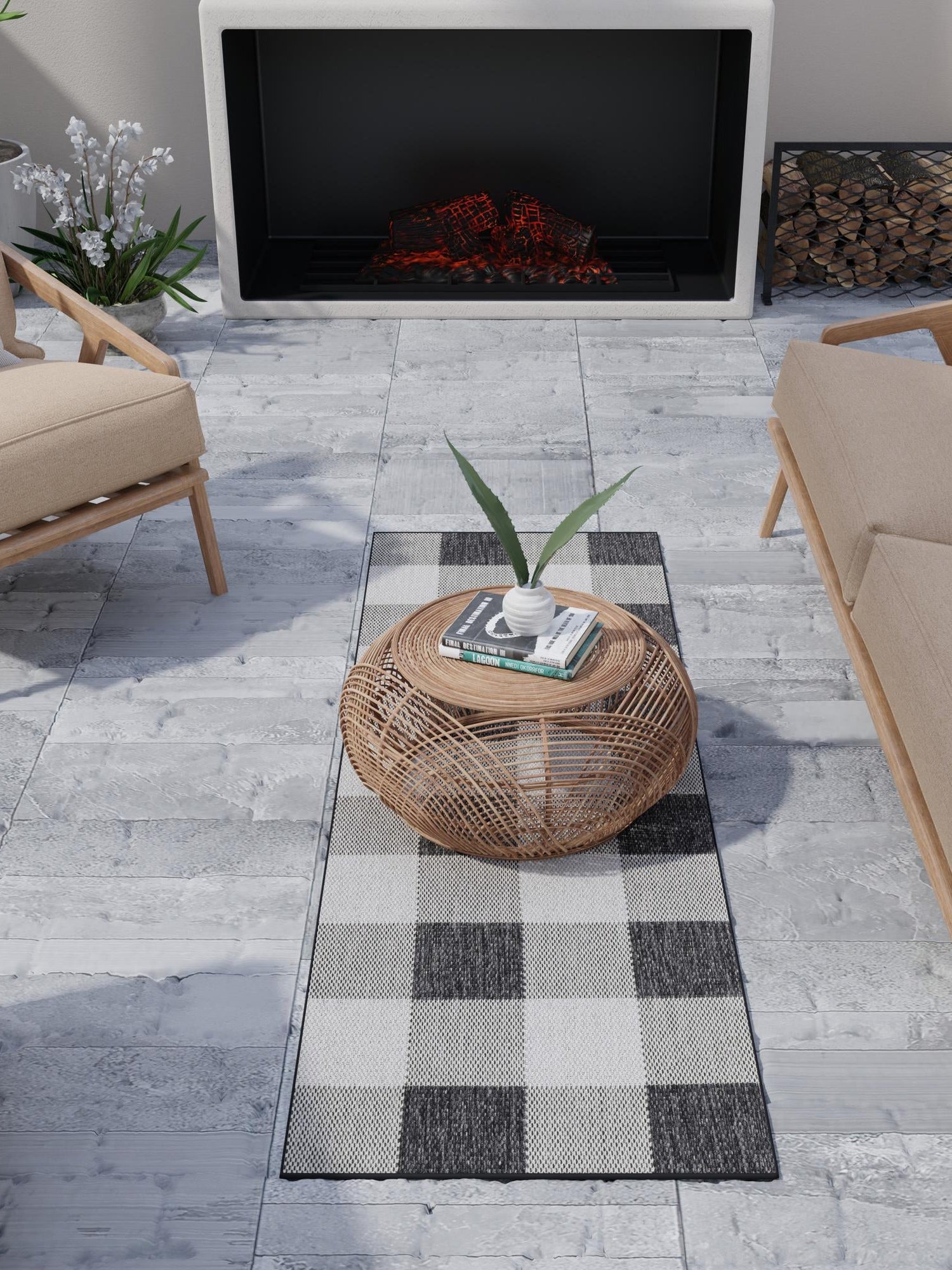 Black and White 2' 7 x 12' Outdoor Checkered Runner Area Rug Weather Resistant for Patio, Deck, Terrace, Balcony, Porch 100% Polypropylene Geometric Carpet for Sale at Rug Engine