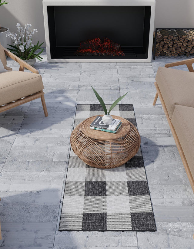 Black and White 2' 7 x 12' Outdoor Checkered Runner Area Rug Weather Resistant for Patio, Deck, Terrace, Balcony, Porch 100% Polypropylene Geometric Carpet for Sale at Rug Engine