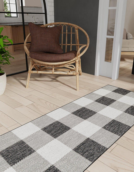 Black and White 2' x 8' Outdoor Checkered Runner Area Rug Weather Resistant for Patio, Deck, Terrace, Balcony, Porch 100% Polypropylene Geometric Carpet for Sale at Rug Engine