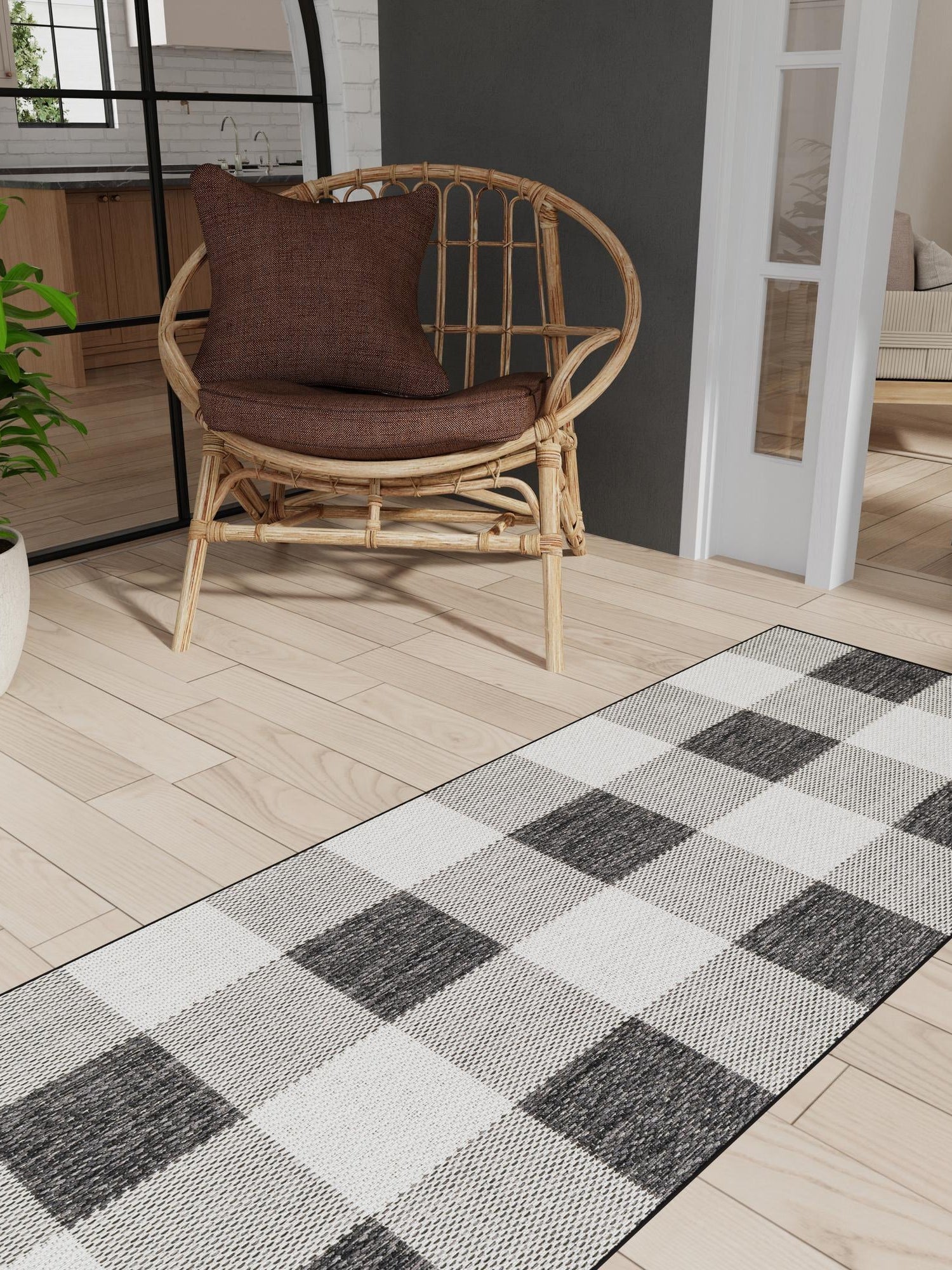 Black and White 2' 7 x 12' Outdoor Checkered Runner Area Rug Weather Resistant for Patio, Deck, Terrace, Balcony, Porch 100% Polypropylene Geometric Carpet for Sale at Rug Engine