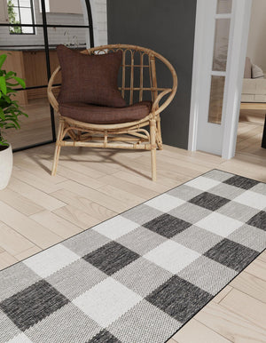Black and White 2' 7 x 12' Outdoor Checkered Runner Area Rug Weather Resistant for Patio, Deck, Terrace, Balcony, Porch 100% Polypropylene Geometric Carpet for Sale at Rug Engine