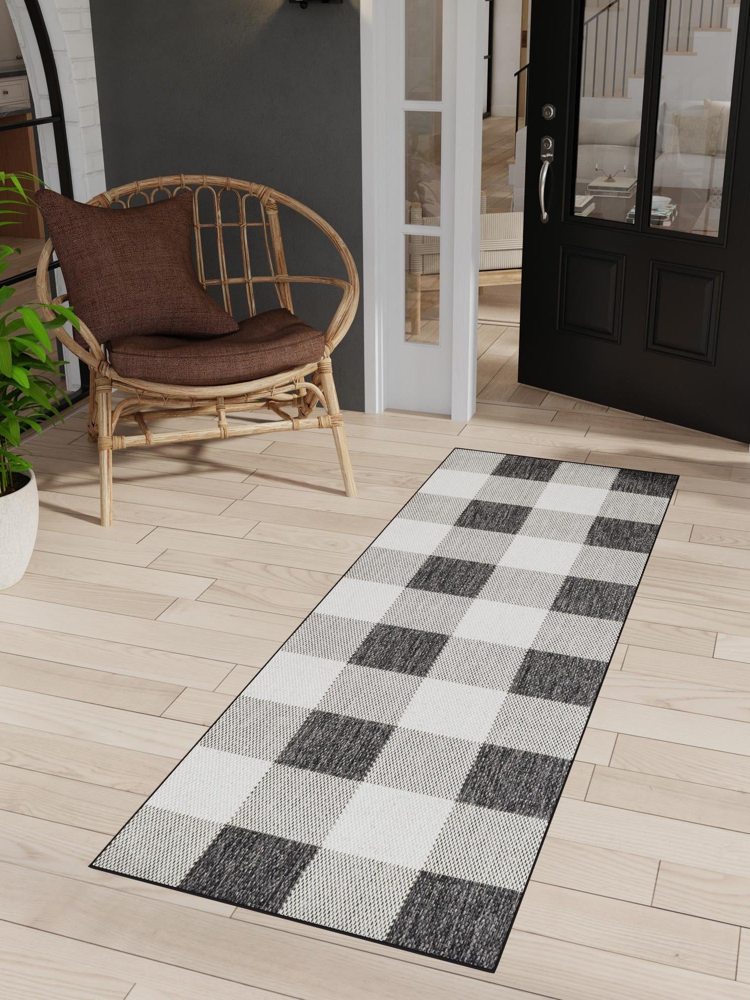 Black and White 2' 7 x 12' Outdoor Checkered Runner Area Rug Weather Resistant for Patio, Deck, Terrace, Balcony, Porch 100% Polypropylene Geometric Carpet for Sale at Rug Engine
