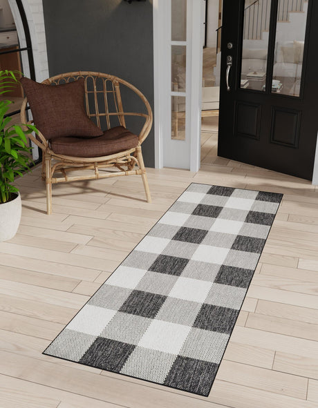 Black and White 2' 7 x 12' Outdoor Checkered Runner Area Rug Weather Resistant for Patio, Deck, Terrace, Balcony, Porch 100% Polypropylene Geometric Carpet for Sale at Rug Engine