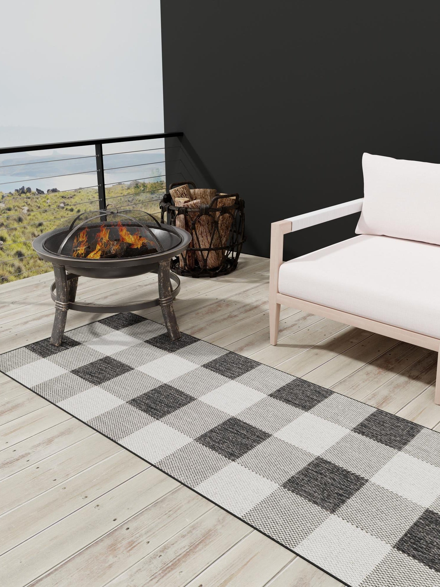 Black and White 2' 7 x 12' Outdoor Checkered Runner Area Rug Weather Resistant for Patio, Deck, Terrace, Balcony, Porch 100% Polypropylene Geometric Carpet for Sale at Rug Engine