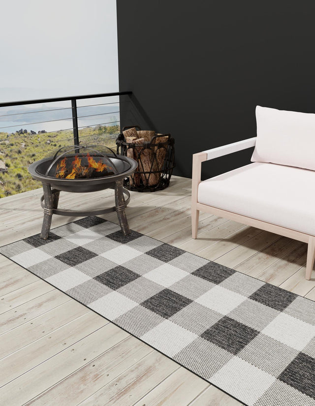 Black and White 2' 7 x 12' Outdoor Checkered Runner Area Rug Weather Resistant for Patio, Deck, Terrace, Balcony, Porch 100% Polypropylene Geometric Carpet for Sale at Rug Engine