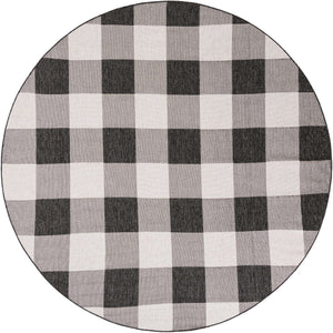 Black and White 7' 10 x 7' 10 Outdoor Checkered Round Area Rug Weather Resistant for Patio, Deck, Terrace, Balcony, Porch 100% Polypropylene Geometric Carpet for Sale at Rug Engine