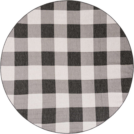Black and White 7' 10 x 7' 10 Outdoor Checkered Round Area Rug Weather Resistant for Patio, Deck, Terrace, Balcony, Porch 100% Polypropylene Geometric Carpet for Sale at Rug Engine