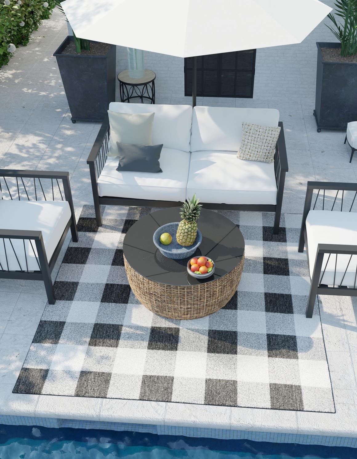 Black and White 7' 10 x 7' 10 Outdoor Checkered Square Area Rug Weather Resistant for Patio, Deck, Terrace, Balcony, Porch 100% Polypropylene Geometric Carpet for Sale at Rug Engine