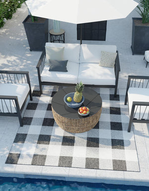 Black and White 7' 10 x 7' 10 Outdoor Checkered Square Area Rug Weather Resistant for Patio, Deck, Terrace, Balcony, Porch 100% Polypropylene Geometric Carpet for Sale at Rug Engine