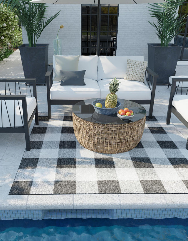 Black and White 10' x 10' Outdoor Checkered Square Area Rug Weather Resistant for Patio, Deck, Terrace, Balcony, Porch 100% Polypropylene Geometric Carpet for Sale at Rug Engine