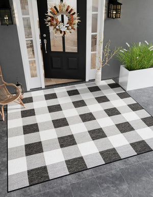Black and White 7' 10 x 7' 10 Outdoor Checkered Square Area Rug Weather Resistant for Patio, Deck, Terrace, Balcony, Porch 100% Polypropylene Geometric Carpet for Sale at Rug Engine
