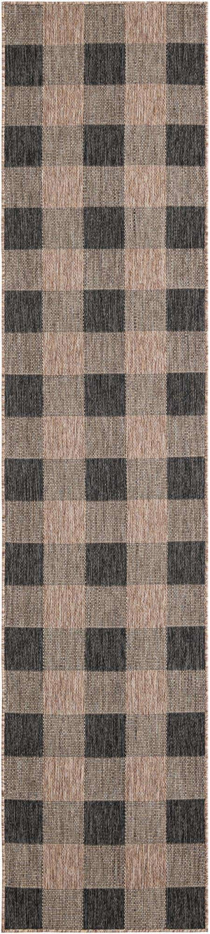 Black and Brown 2' 7 x 12' Outdoor Checkered Runner Area Rug Weather Resistant for Patio, Deck, Terrace, Balcony, Porch 100% Polypropylene Geometric Carpet for Sale at Rug Engine