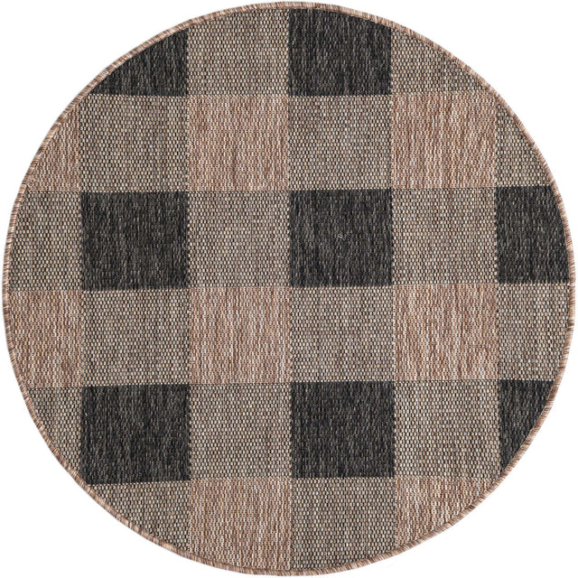 Black and Brown 3' 1 x 3' 1 Outdoor Checkered Round Area Rug Weather Resistant for Patio, Deck, Terrace, Balcony, Porch 100% Polypropylene Geometric Carpet for Sale at Rug Engine