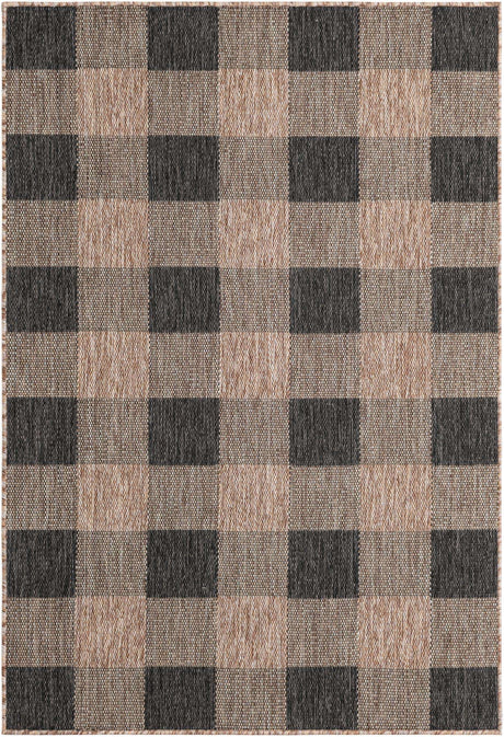 Black and Brown 4' 1 x 6' 1 Outdoor Checkered Rectangle Area Rug Weather Resistant for Patio, Deck, Terrace, Balcony, Porch 100% Polypropylene Geometric Carpet for Sale at Rug Engine