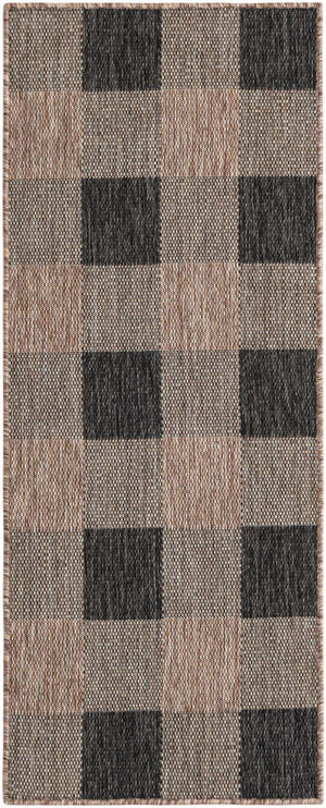 Black and Brown 2' x 5' 3 Outdoor Checkered Runner Area Rug Weather Resistant for Patio, Deck, Terrace, Balcony, Porch 100% Polypropylene Geometric Carpet for Sale at Rug Engine