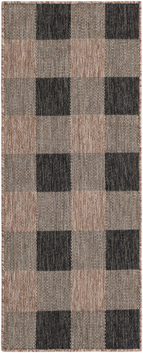 Black and Brown 2' x 5' 3 Outdoor Checkered Runner Area Rug Weather Resistant for Patio, Deck, Terrace, Balcony, Porch 100% Polypropylene Geometric Carpet for Sale at Rug Engine