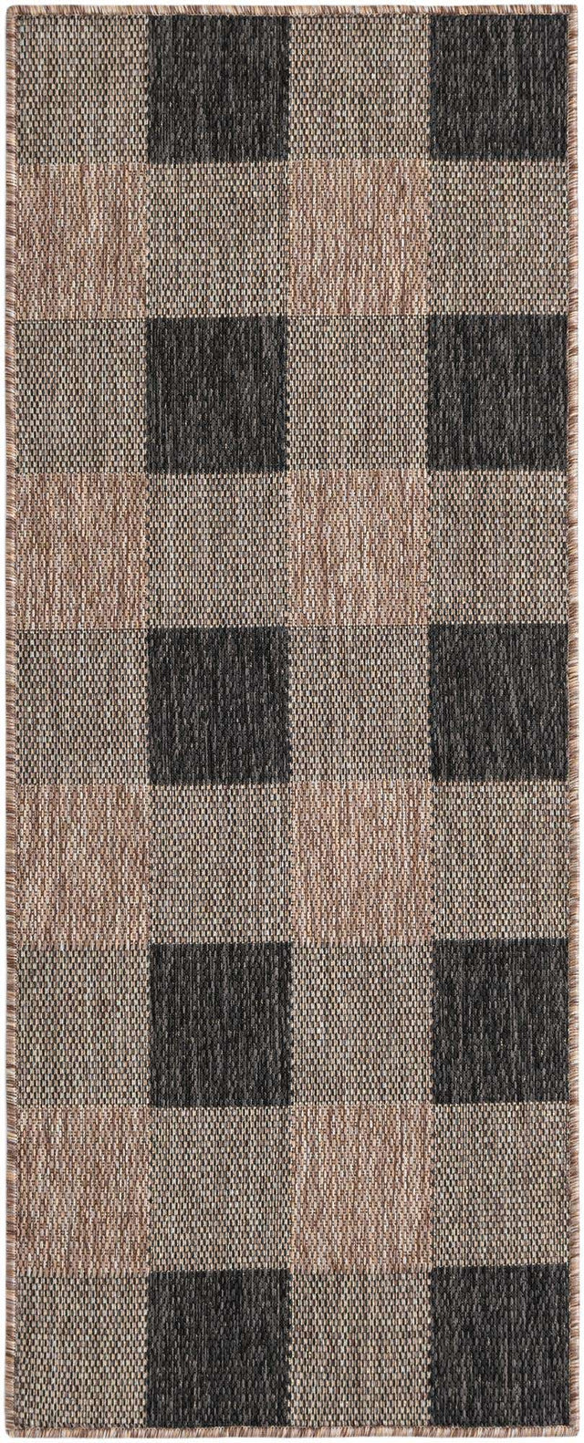 Black and Brown 2' x 5' 3 Outdoor Checkered Runner Area Rug Weather Resistant for Patio, Deck, Terrace, Balcony, Porch 100% Polypropylene Geometric Carpet for Sale at Rug Engine