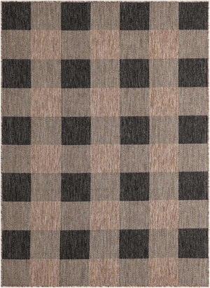 Black and Brown 5' 3 x 7' 1 Outdoor Checkered Rectangle Area Rug Weather Resistant for Patio, Deck, Terrace, Balcony, Porch 100% Polypropylene Geometric Carpet for Sale at Rug Engine