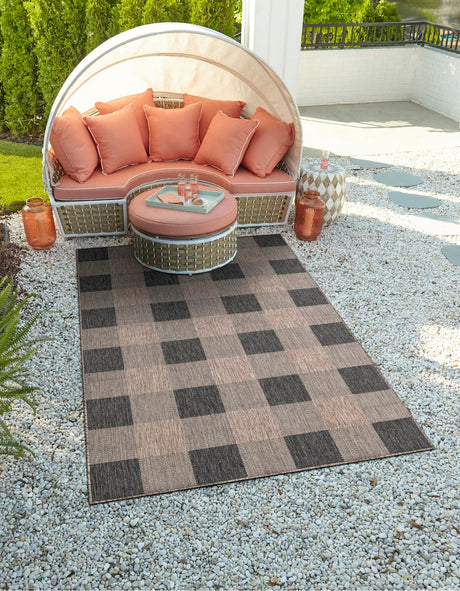 Black and Brown 4' 1 x 6' 1 Outdoor Checkered Rectangle Area Rug Weather Resistant for Patio, Deck, Terrace, Balcony, Porch 100% Polypropylene Geometric Carpet for Sale at Rug Engine
