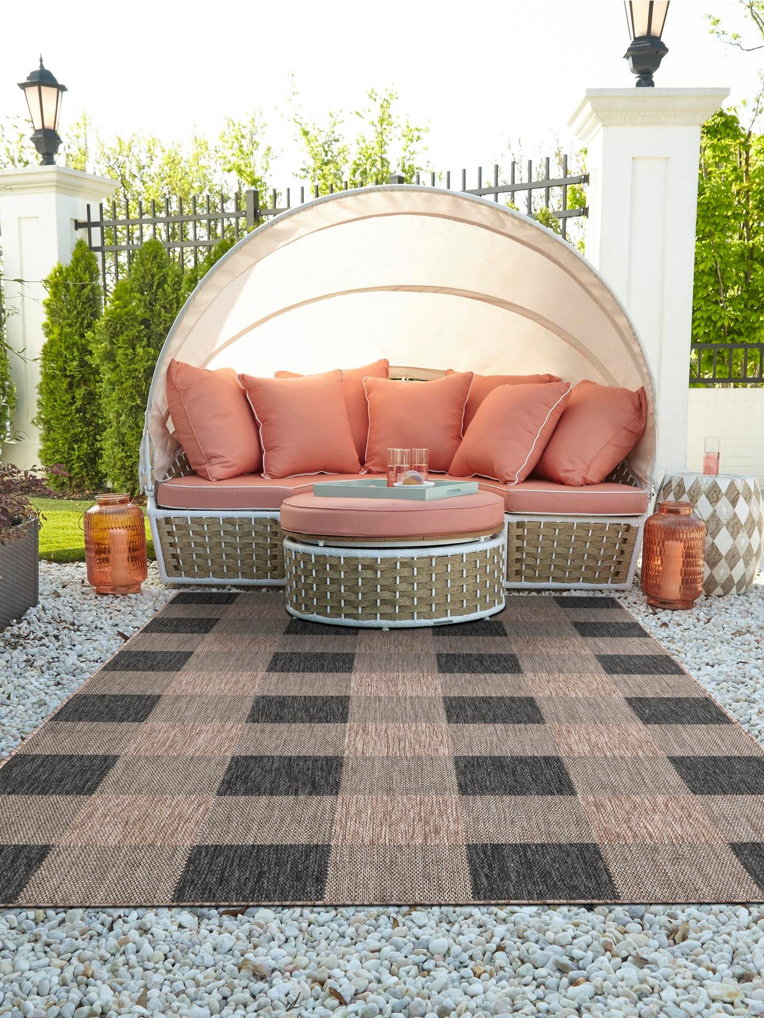 Black and Brown 7' 10 x 10' Outdoor Checkered Rectangle Area Rug Weather Resistant for Patio, Deck, Terrace, Balcony, Porch 100% Polypropylene Geometric Carpet for Sale at Rug Engine