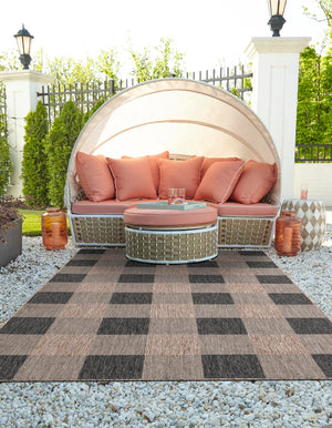 Black and Brown 4' 1 x 6' 1 Outdoor Checkered Rectangle Area Rug Weather Resistant for Patio, Deck, Terrace, Balcony, Porch 100% Polypropylene Geometric Carpet for Sale at Rug Engine