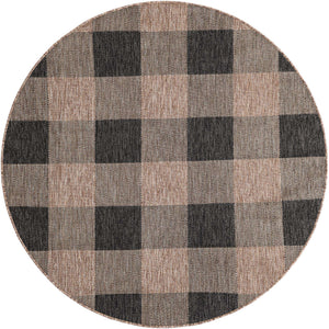 Black and Brown 6' 1 x 6' 1 Outdoor Checkered Round Area Rug Weather Resistant for Patio, Deck, Terrace, Balcony, Porch 100% Polypropylene Geometric Carpet for Sale at Rug Engine