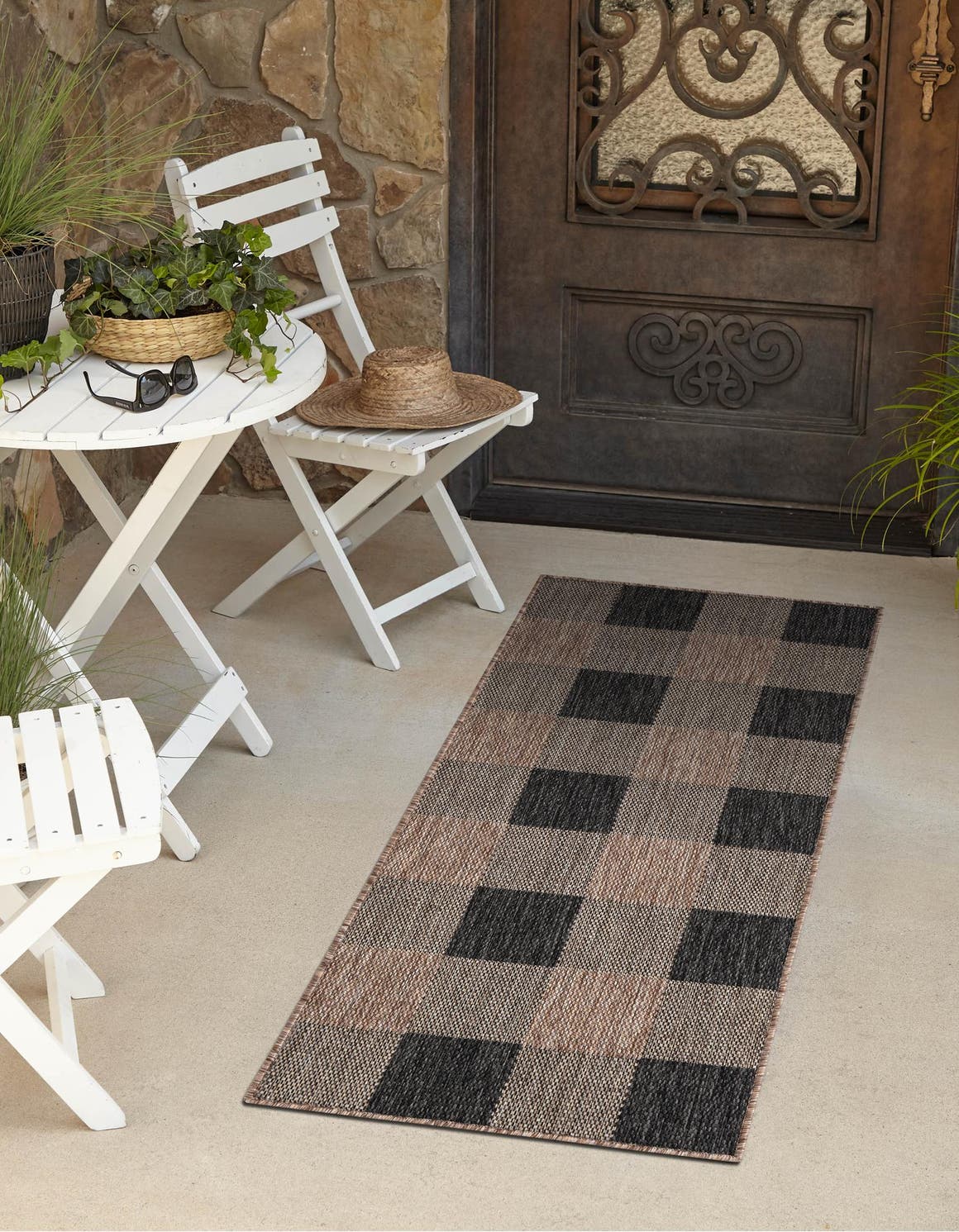 Black and Brown 2' x 5' 3 Outdoor Checkered Runner Area Rug Weather Resistant for Patio, Deck, Terrace, Balcony, Porch 100% Polypropylene Geometric Carpet for Sale at Rug Engine