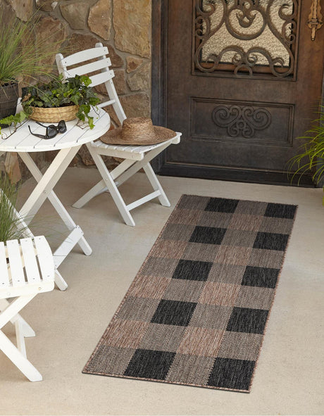 Black and Brown 2' x 5' 3 Outdoor Checkered Runner Area Rug Weather Resistant for Patio, Deck, Terrace, Balcony, Porch 100% Polypropylene Geometric Carpet for Sale at Rug Engine