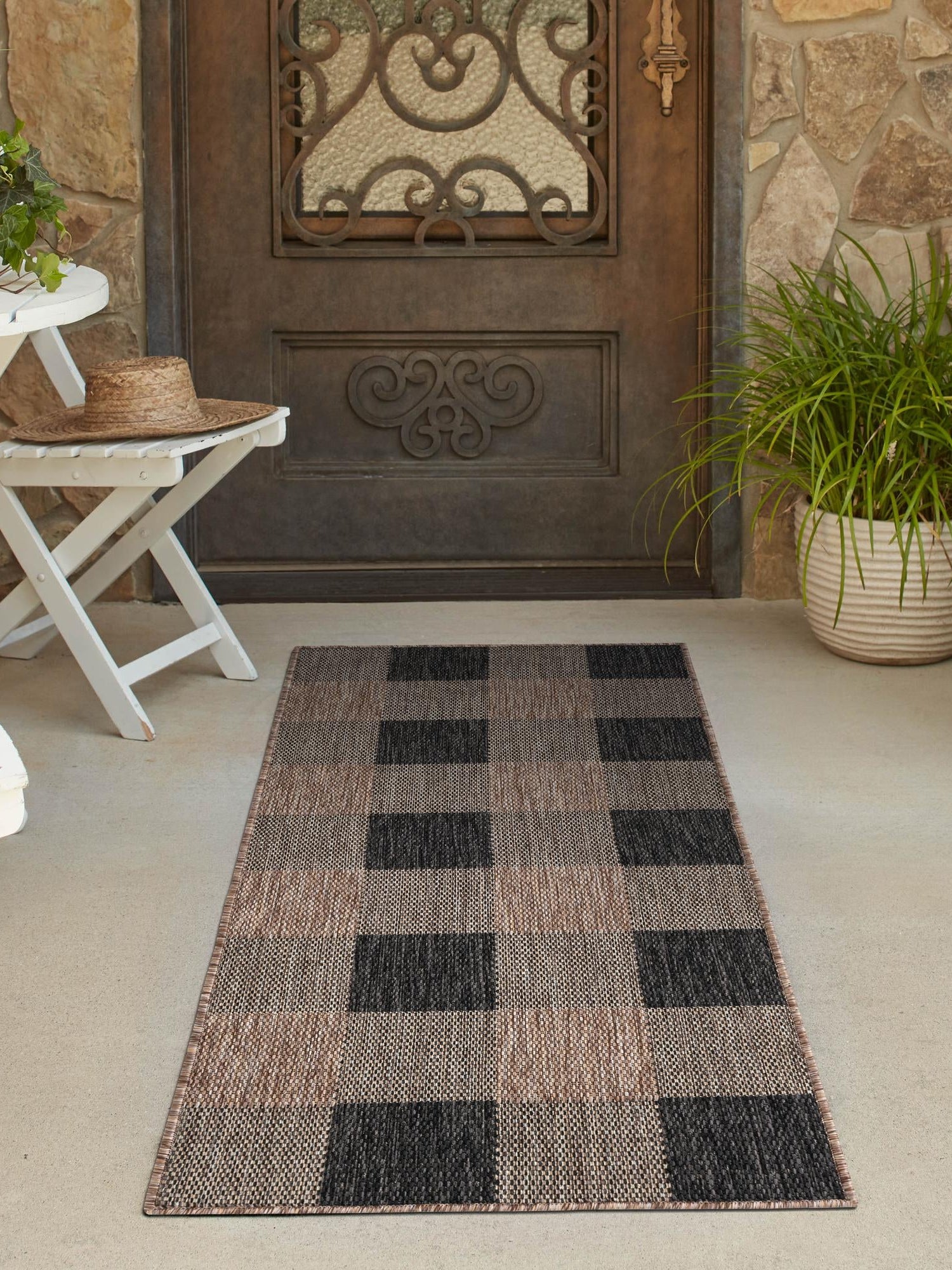 Black and Brown 2' x 5' 3 Outdoor Checkered Runner Area Rug Weather Resistant for Patio, Deck, Terrace, Balcony, Porch 100% Polypropylene Geometric Carpet for Sale at Rug Engine