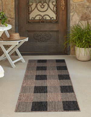 Black and Brown 2' x 5' 3 Outdoor Checkered Runner Area Rug Weather Resistant for Patio, Deck, Terrace, Balcony, Porch 100% Polypropylene Geometric Carpet for Sale at Rug Engine