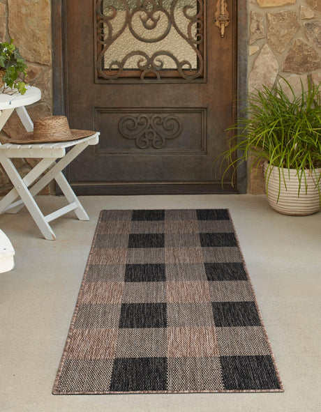 Black and Brown 2' x 5' 3 Outdoor Checkered Runner Area Rug Weather Resistant for Patio, Deck, Terrace, Balcony, Porch 100% Polypropylene Geometric Carpet for Sale at Rug Engine
