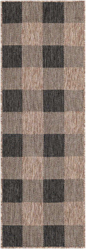 Black and Brown 2' x 6' 1 Outdoor Checkered Runner Area Rug Weather Resistant for Patio, Deck, Terrace, Balcony, Porch 100% Polypropylene Geometric Carpet for Sale at Rug Engine