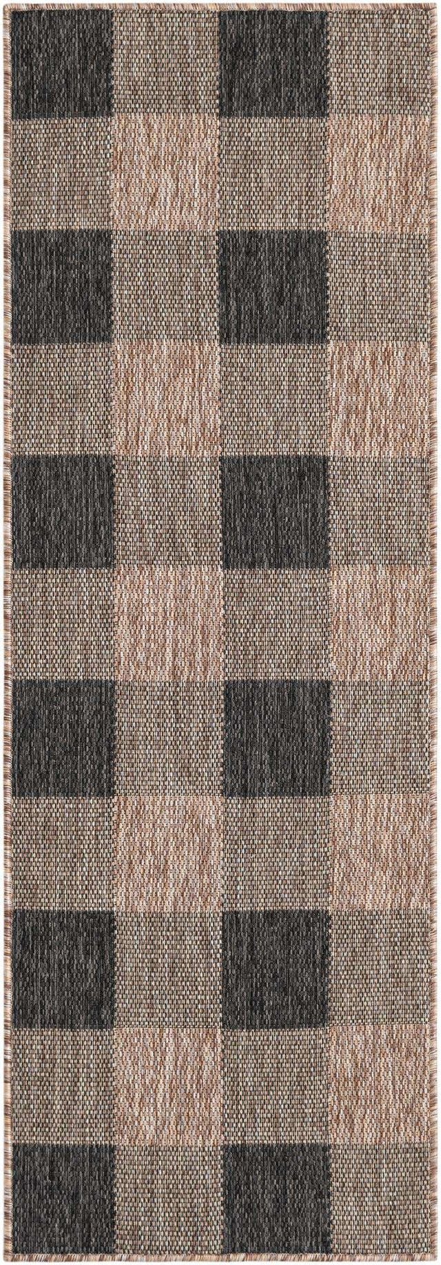 Black and Brown 2' x 6' 1 Outdoor Checkered Runner Area Rug Weather Resistant for Patio, Deck, Terrace, Balcony, Porch 100% Polypropylene Geometric Carpet for Sale at Rug Engine