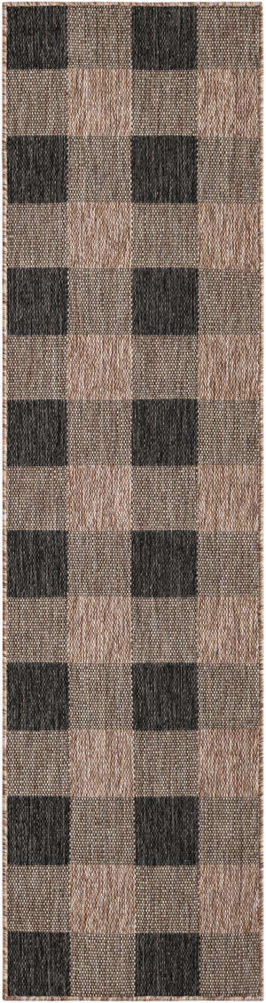 Black and Brown 2' x 8' Outdoor Checkered Runner Area Rug Weather Resistant for Patio, Deck, Terrace, Balcony, Porch 100% Polypropylene Geometric Carpet for Sale at Rug Engine
