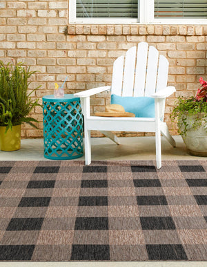 Black and Brown 7' 10 x 7' 10 Outdoor Checkered Square Area Rug Weather Resistant for Patio, Deck, Terrace, Balcony, Porch 100% Polypropylene Geometric Carpet for Sale at Rug Engine