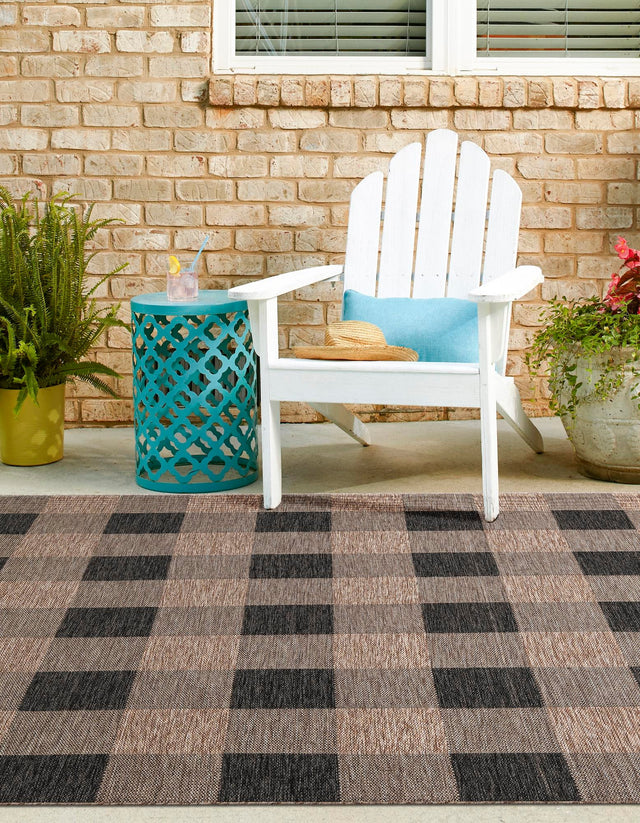 Black and Brown 7' 10 x 7' 10 Outdoor Checkered Square Area Rug Weather Resistant for Patio, Deck, Terrace, Balcony, Porch 100% Polypropylene Geometric Carpet for Sale at Rug Engine