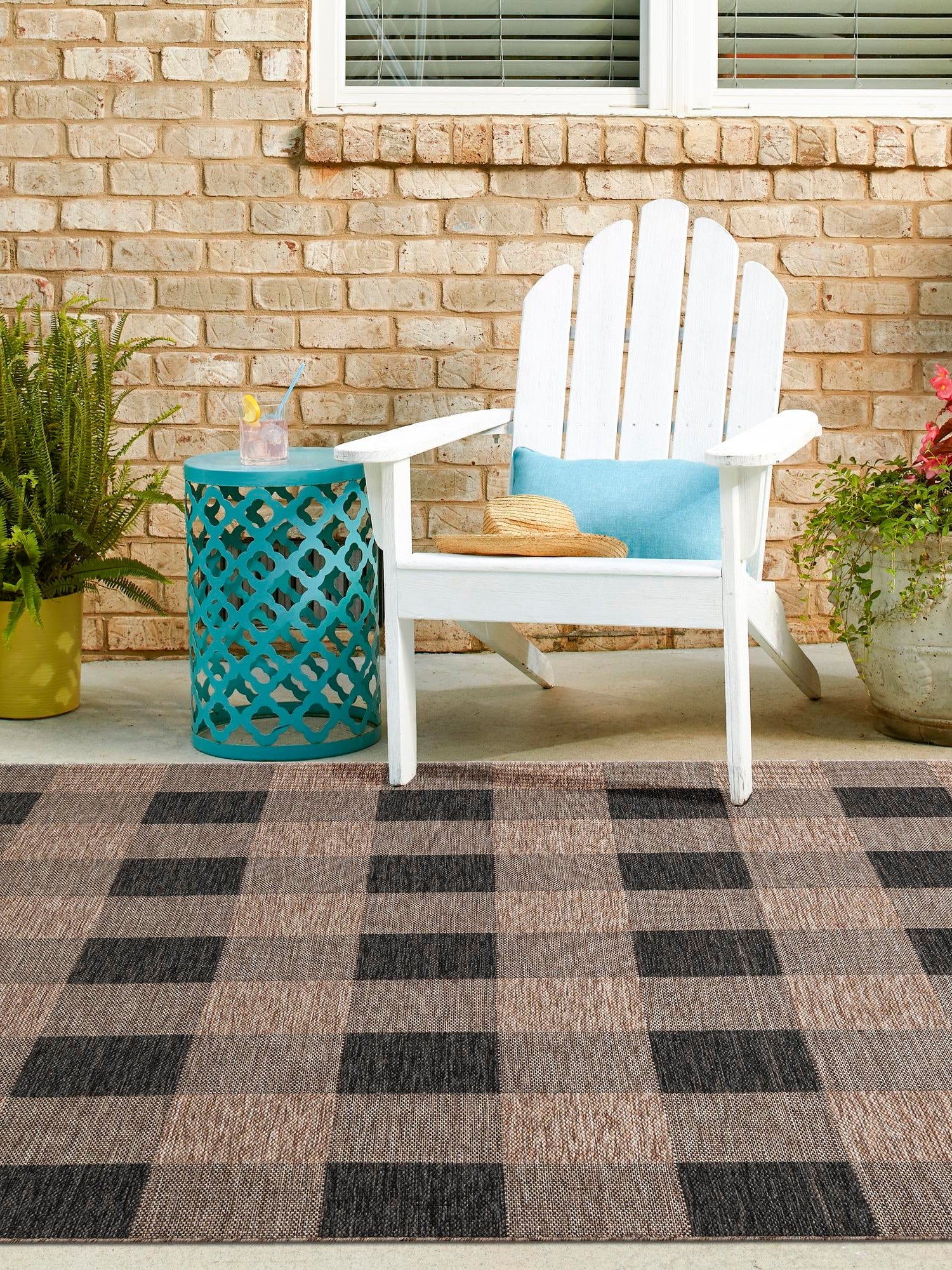 Black and Brown 10' x 10' Outdoor Checkered Square Area Rug Weather Resistant for Patio, Deck, Terrace, Balcony, Porch 100% Polypropylene Geometric Carpet for Sale at Rug Engine